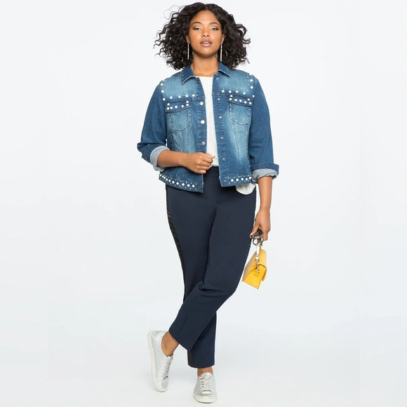 Eloquii Pearl Embellished Denim Jacket - Picture 1 of 8